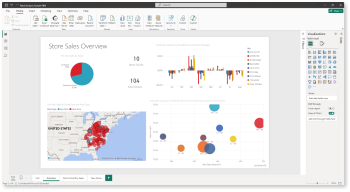 Captura de tela que mostra o Exemplo de Análise de Varejo aberta na exibição de relatório no serviço do Power BI.