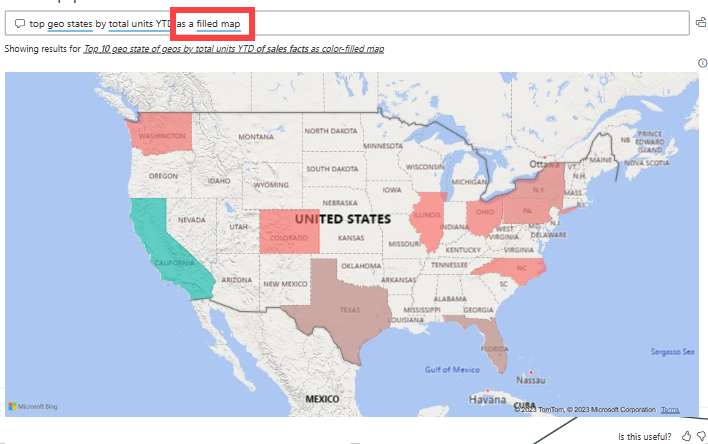 Screenshot that shows the Q&A visual converted to a filled map on the report canvas.