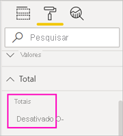 Captura de tela de Totais com o controle de alternância definido para a posição desativada no painel Formatar.