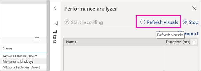 Captura de tela do botão Atualizar visuais no Performance Analyzer.