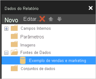 Captura de tela do painel Dados do Relatório com o conjunto de dados listado em Fontes de Dados.