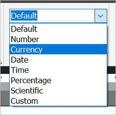 Captura de tela das opções de formato de número.