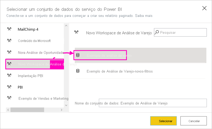 Captura de tela que mostra os conjuntos de dados dentre os quais selecionar.