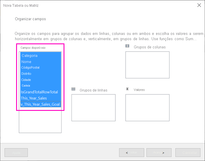 Captura de tela dos campos disponíveis no Assistente de Tabela.