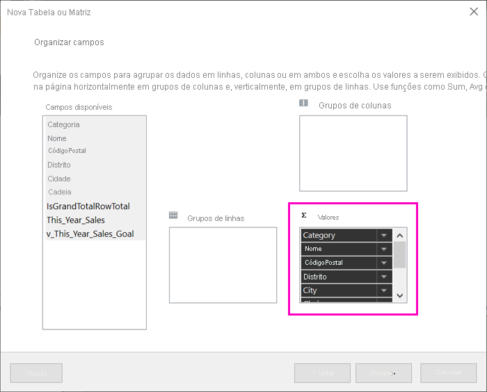 Captura de tela da caixa Valores no Assistente de Tabela.