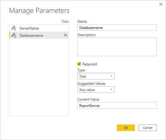 Manage Parameters, set servername and databasename.