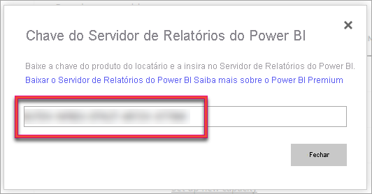 Captura de tela da chave do produto do Servidor de Relatórios do Microsoft Power BI.