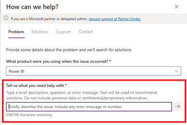 Captura de tela da tela Como podemos ajudar, mostrando onde encontrar o campo de descrição do problema.