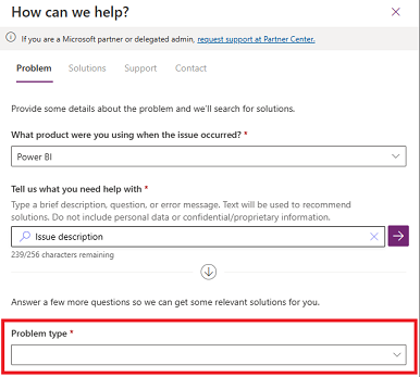 Captura de tela da tela Como podemos ajudar, mostrando onde encontrar o campo Tipo de problema.