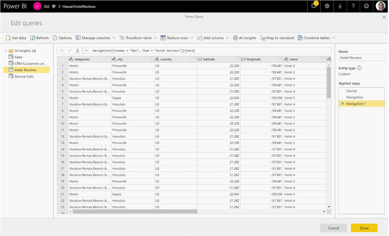 Captura de tela do Power Query com uma entidade aberta.