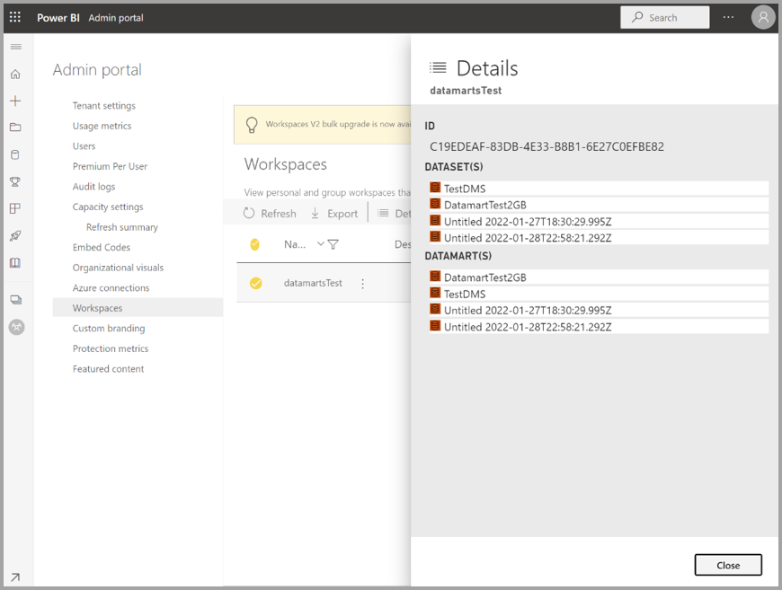 Captura de tela do portal de administração para rastrear datamarts.