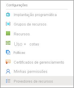 Captura de tela das opções do menu de configurações, os provedores de recursos estão selecionados.