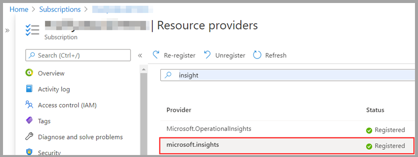 A captura de tela dos provedores de recursos no painel principal com o Microsoft.insights está registrada.