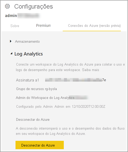 Captura de tela da guia de conexões do Azure aberta no painel de configurações.