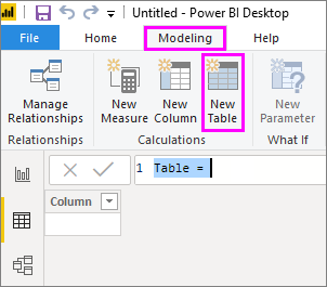 Screenshot of the Power BI Desktop menu ribbon with Table tools, New table and Data view highlighted.