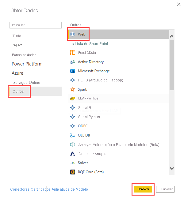 Screenshot of the Get data dialog box highlighting the option to connect to a Web data source.