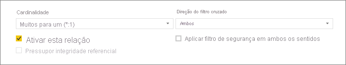 Captura de tela da parte inferior da caixa de diálogo Criar relação mostrando as opções de Cardinalidade e Direção do filtro cruzado.