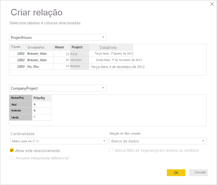 Captura de tela da caixa de diálogo Criar relação.