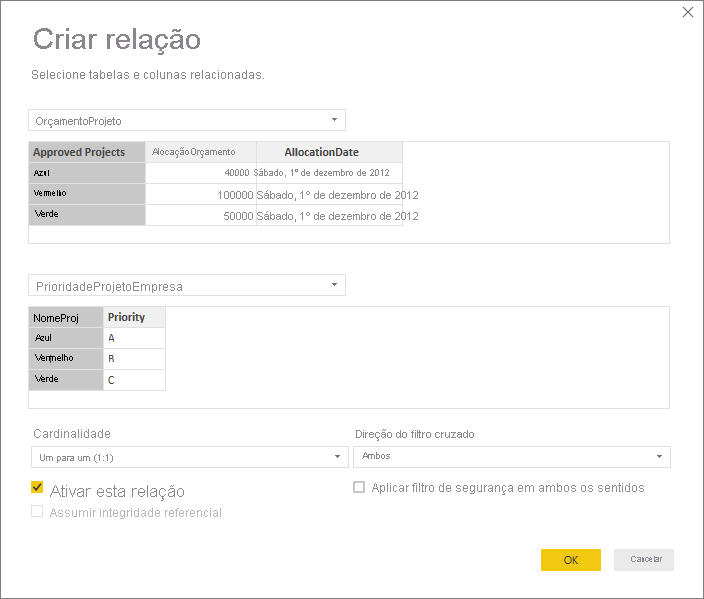 Captura de tela da caixa de diálogo Criar relação com Cardinalidade como um para um (1:1) e Direção do filtro cruzado como Ambos.