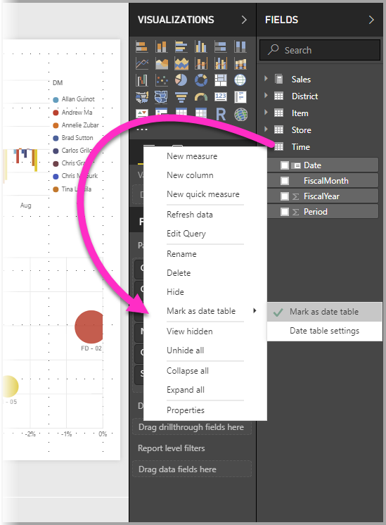 Screenshot of Power BI Desktop showing Mark as date table filter options in the Fields pane.