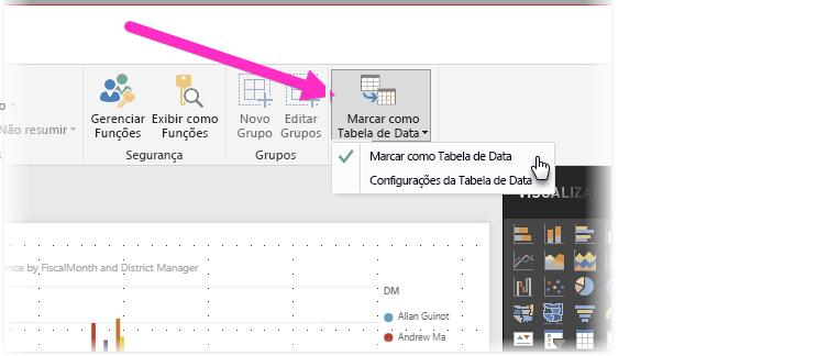 Screenshot of Power BI Desktop showing the Mark as date table button and options filter.