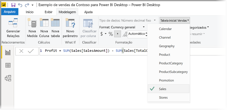 Screenshot showing selection of a table for the measure.