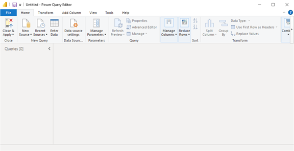 Captura de tela do Power BI Desktop mostrando o Editor do Power Query sem conexões de dados.