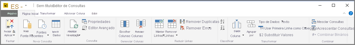 Captura de tela do Power BI Desktop mostrando a faixa de opções de consulta do Editor do Power Query.