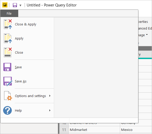 Captura de tela de Power BI Desktop mostrando a guia Arquivo Editor do Power Query. As opções salvar e salvar como realçadas.