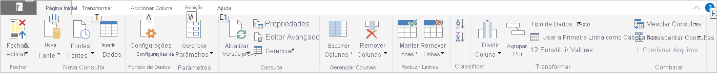 Captura de tela do Power BI Desktop mostrando a guia Transformar.