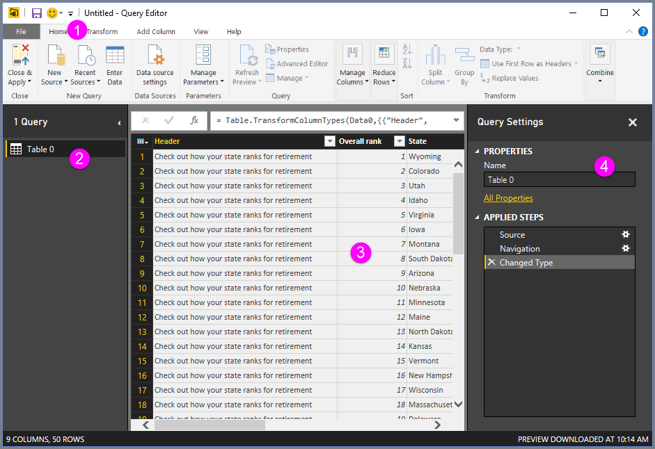 Captura de tela do Power BI Desktop mostrando o painel Configurações de Consulta no Editor do Power Query.