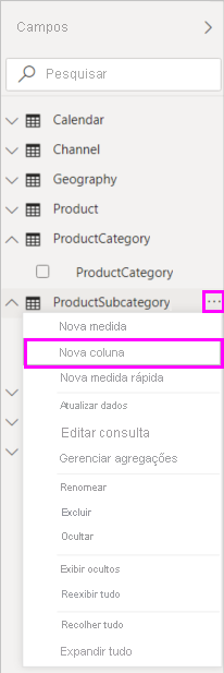 Captura de tela de Nova Coluna no menu suspenso.