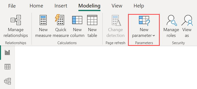 Captura de tela de Power BI Desktop realçando o botão Novo parâmetro.