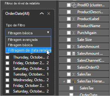 Captura de tela mostrando a opção de Data relativa realçada na lista suspensa Tipo de filtro.