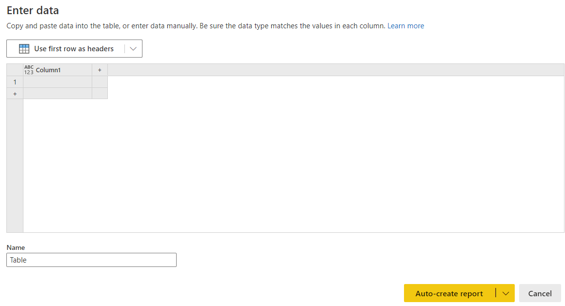 Screenshot of data entry box to create new report.