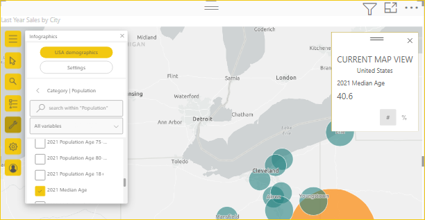 A captura de tela mostra um mapa com dados demográficos de idade mediana regional.