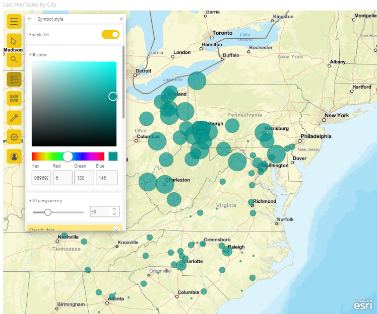 A captura de tela mostra o mapa com a cor, o estilo e a transparência do símbolo atualizados.