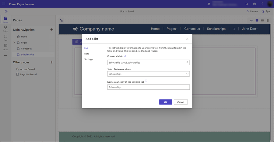 Configure as propriedades de lista.