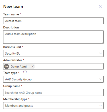 Captura de tela de configurações de uma nova equipe do Microsoft Entra.