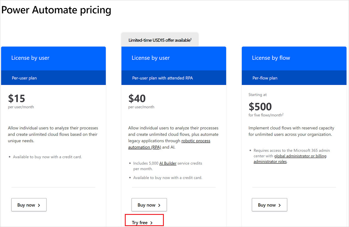 Uma imagem que exibe a página de preços do Power Automate na Internet.