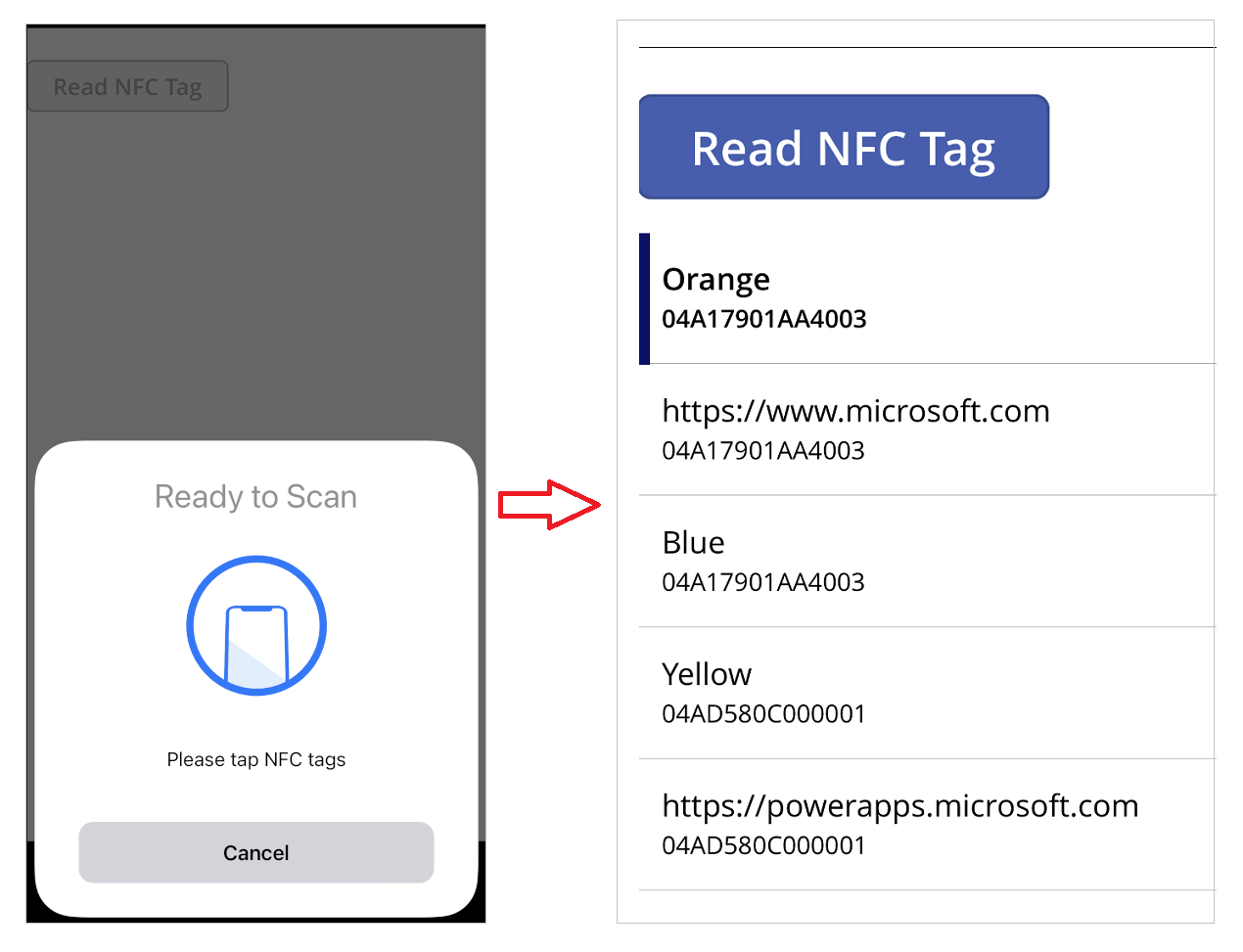 Aplicativo em dispositivo móvel com o exemplo de leitura de tag NFC e o resultado dentro da galeria.