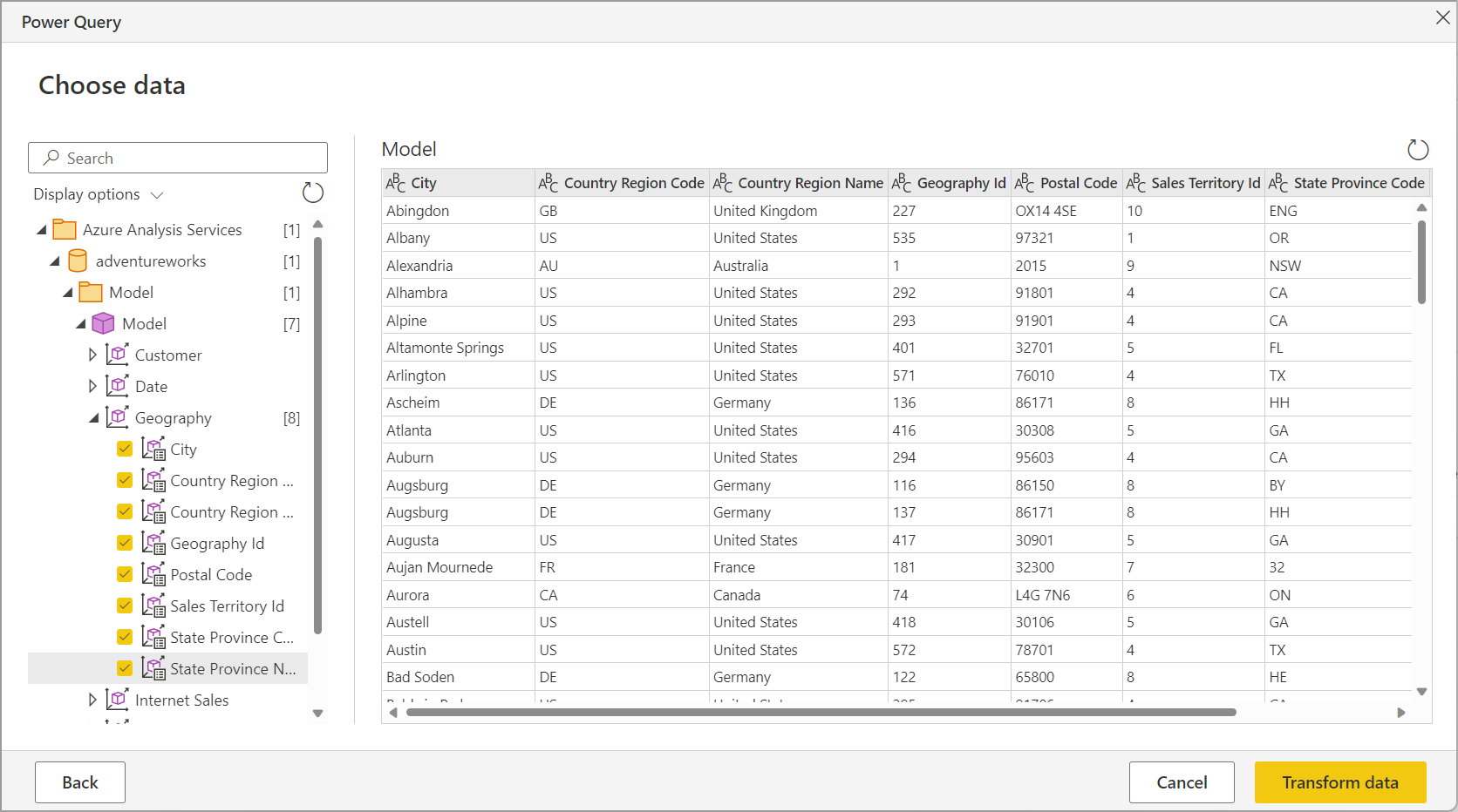 Navegador do Power Query Online exibindo os dados de funcionários dos Recursos Humanos.