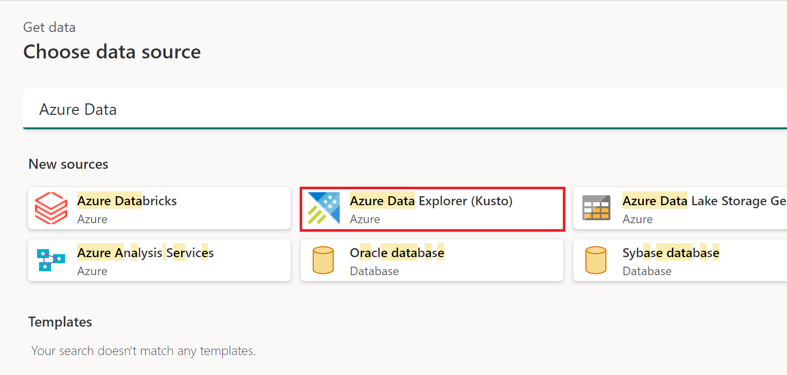 Captura de tela da janela obter dados com o Azure Data Explorer enfatizado.