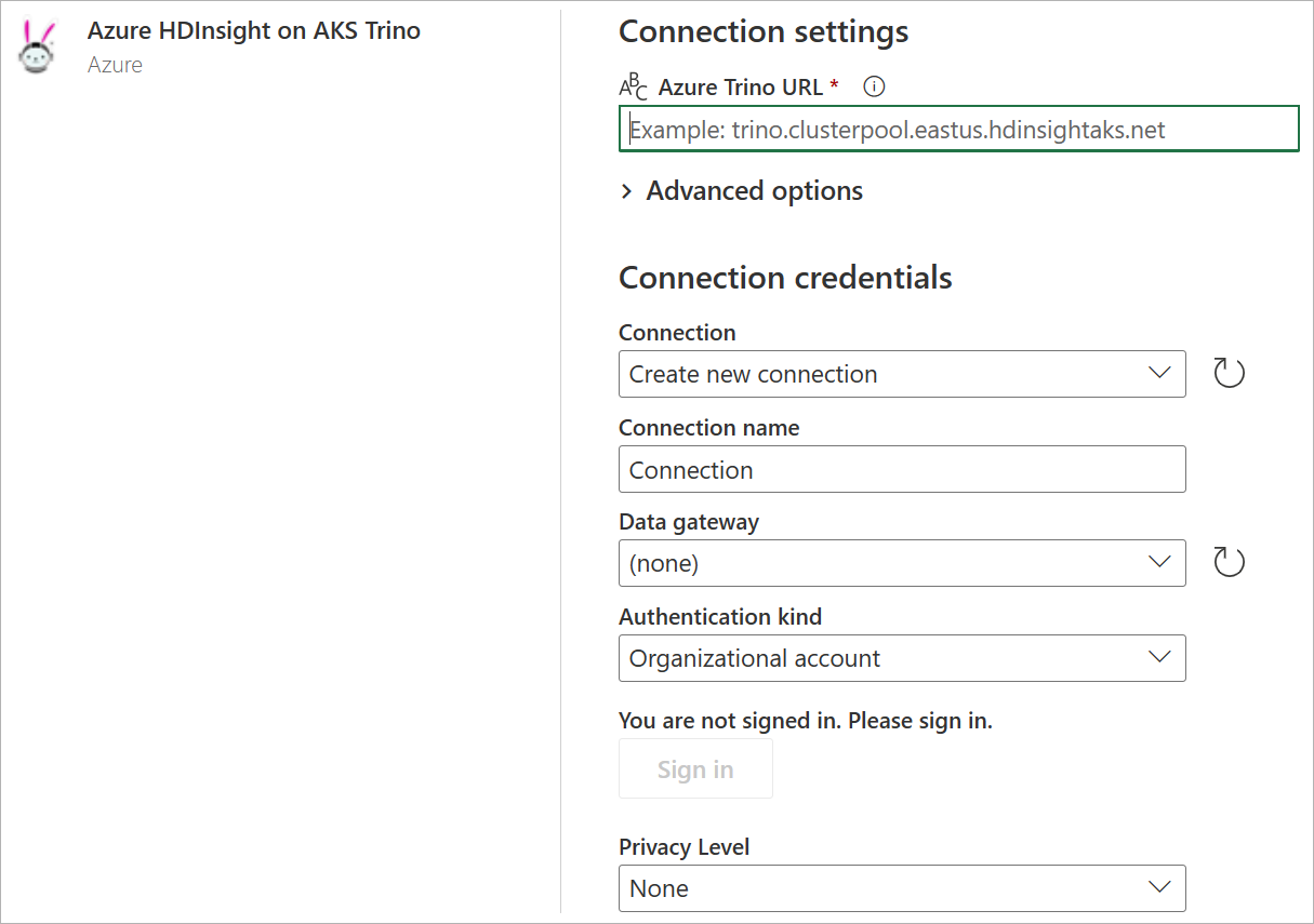 Captura de tela da caixa de diálogo de conexão do Azure HDInsight no AKS Trino.