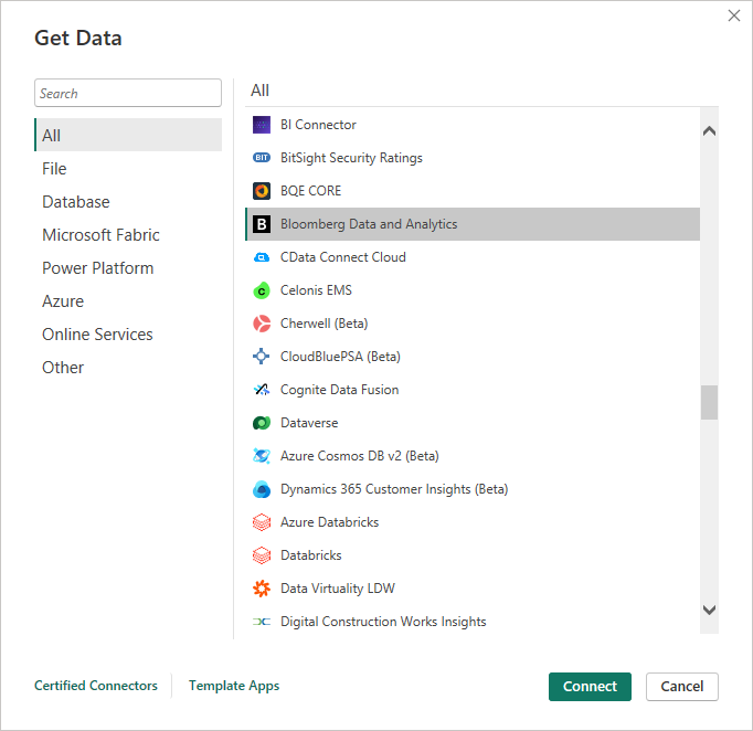 Captura de tela que mostra Obter dados da Bloomberg Data and Analytics.