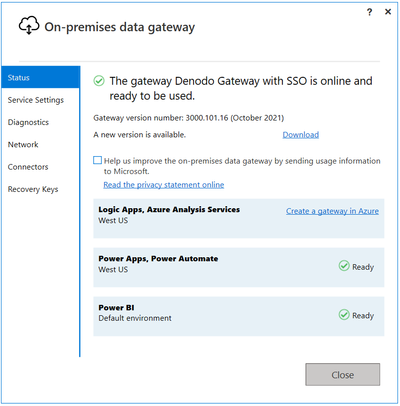 Gateway de dados local com guia de status aberta.