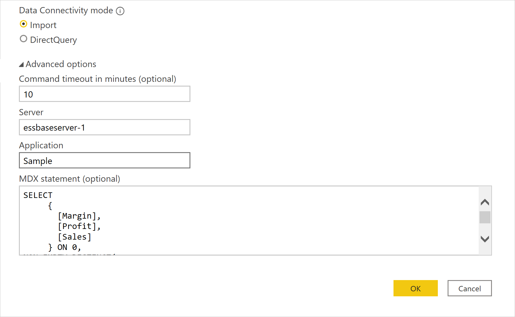 Autenticação de conexão ao Essbase com tempo limite para o comando e opções avançadas definidas para o MDX.