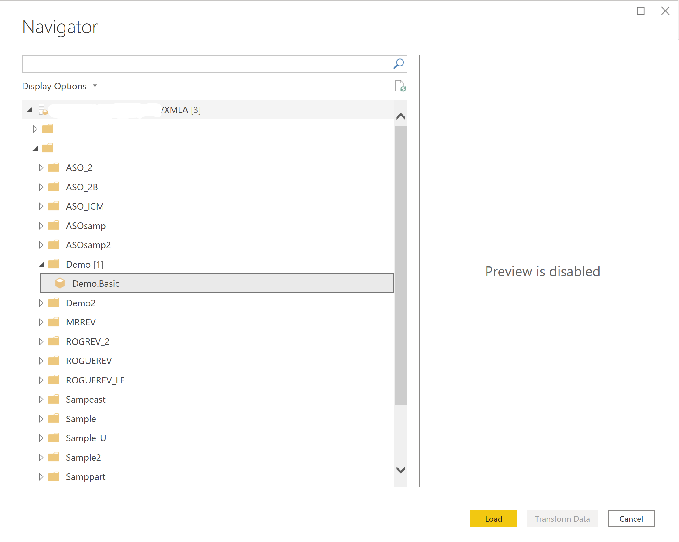 Seleções do navegador de dados DirectQuery do Essbase.