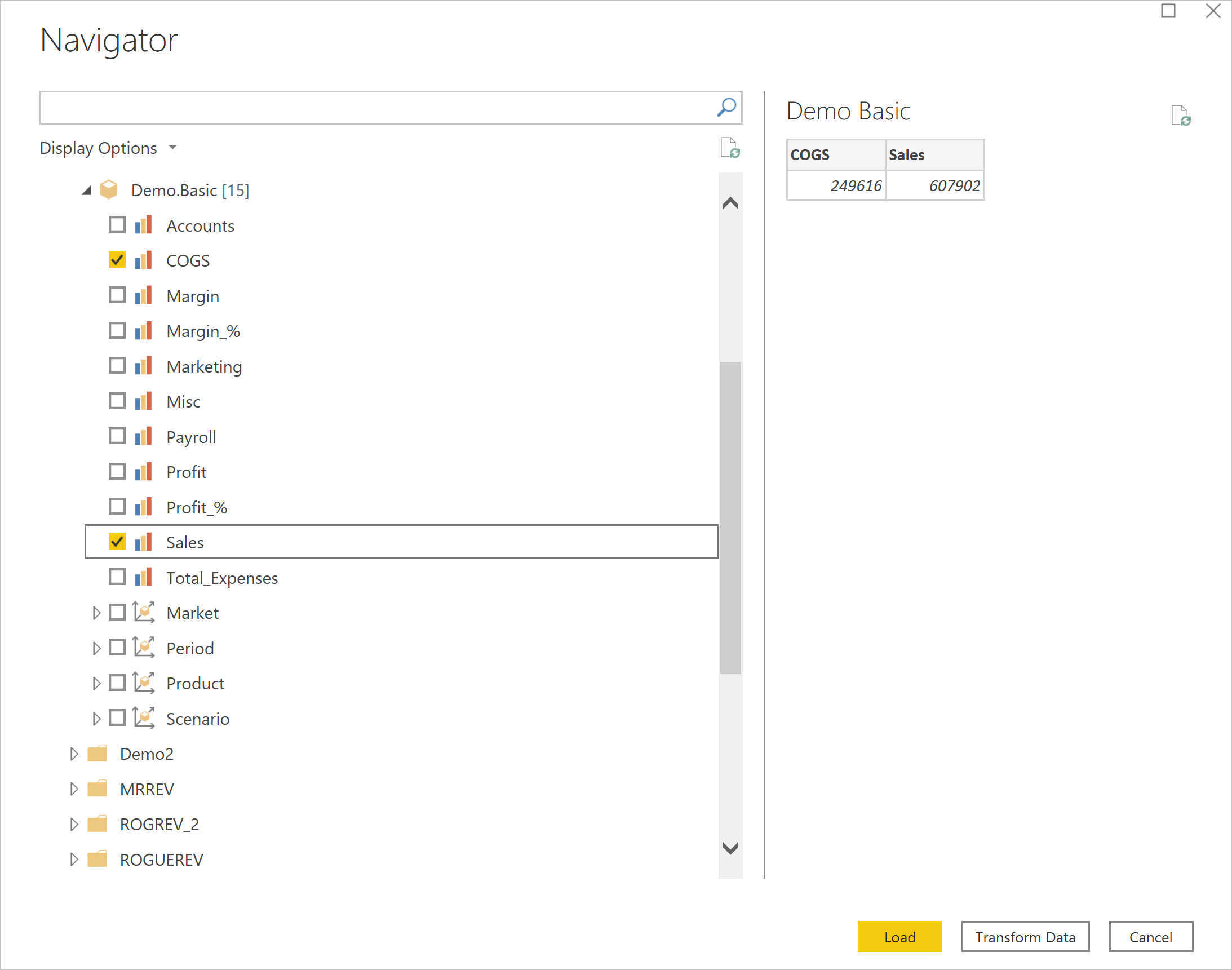 Navegador de importação de dados do Essbase.