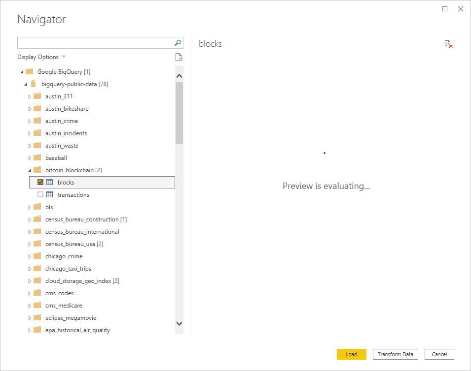 Imagem do navegador do Power Query carregando dados do Google BigQuery para o aplicativo de desktop.